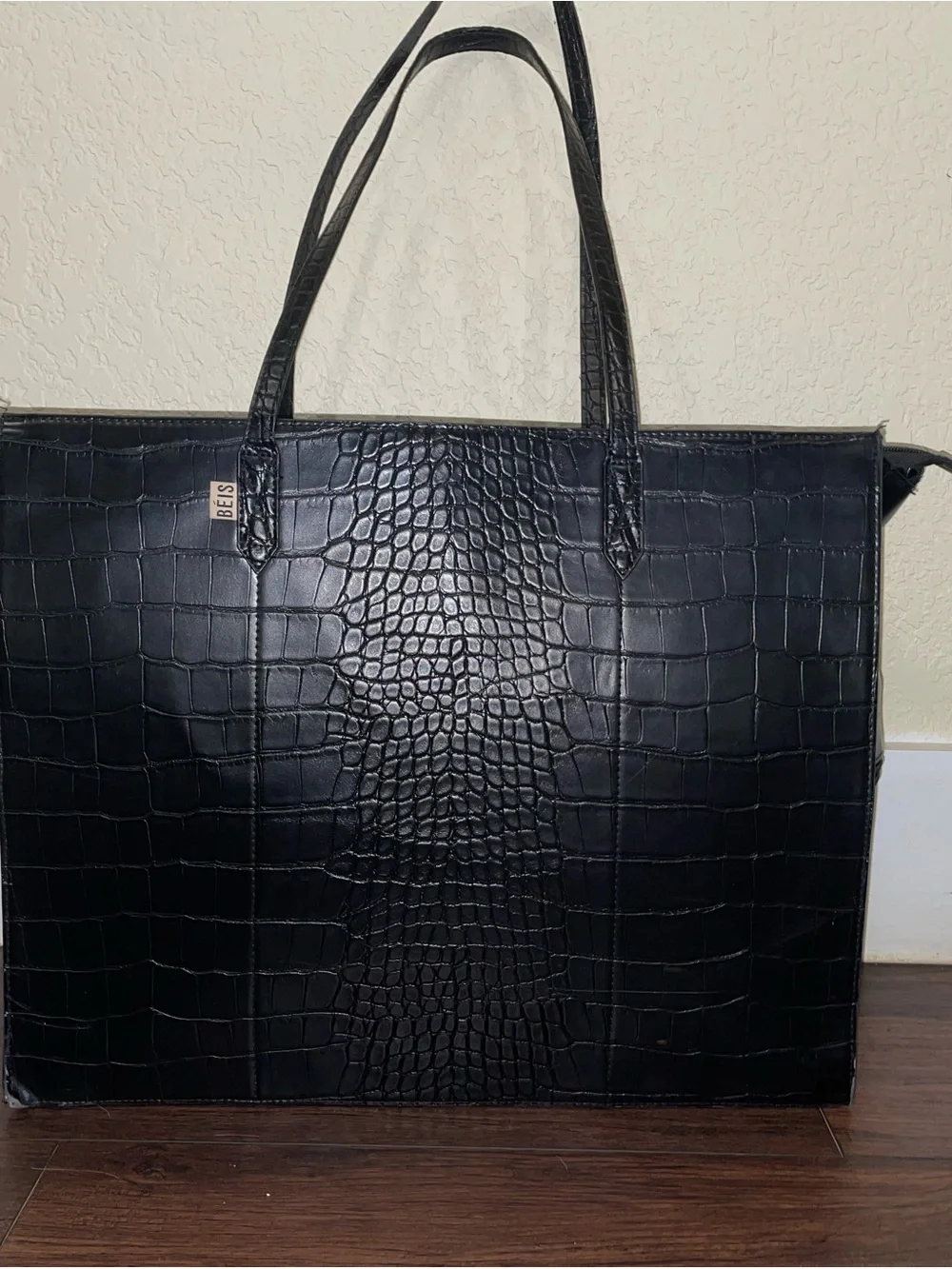 BEIS Black Croc-Embossed Structured Work Tote